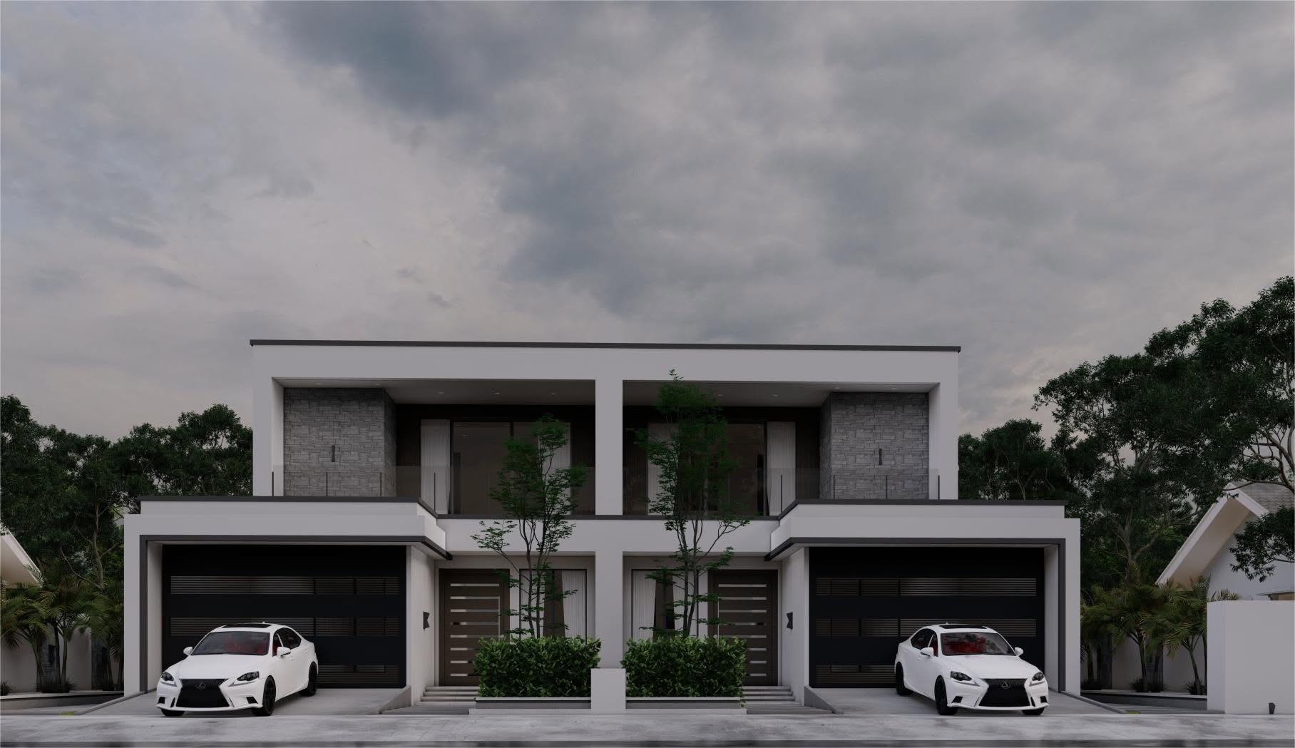 Symmetrical two-storey duplex with stone-clad upper bays.